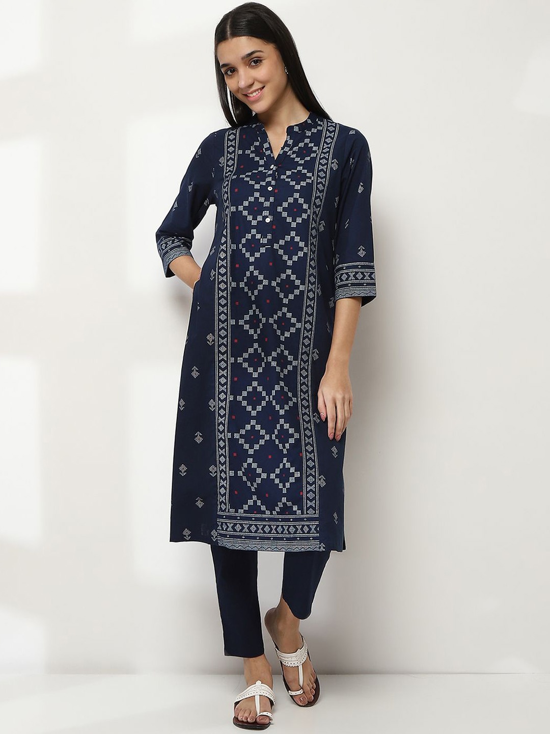 

Rangriti Floral Woven Design Mandarin Collar Cotton Straight Kurta, Blue