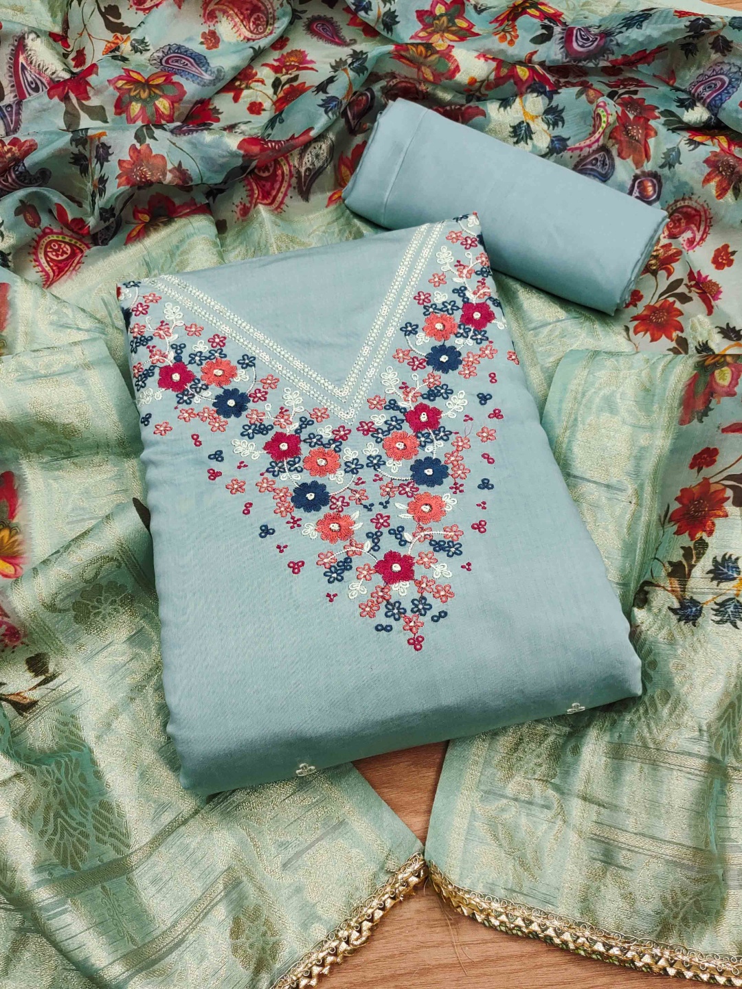 

Blissta Floral Embroidered Unstitched Dress Material, Blue