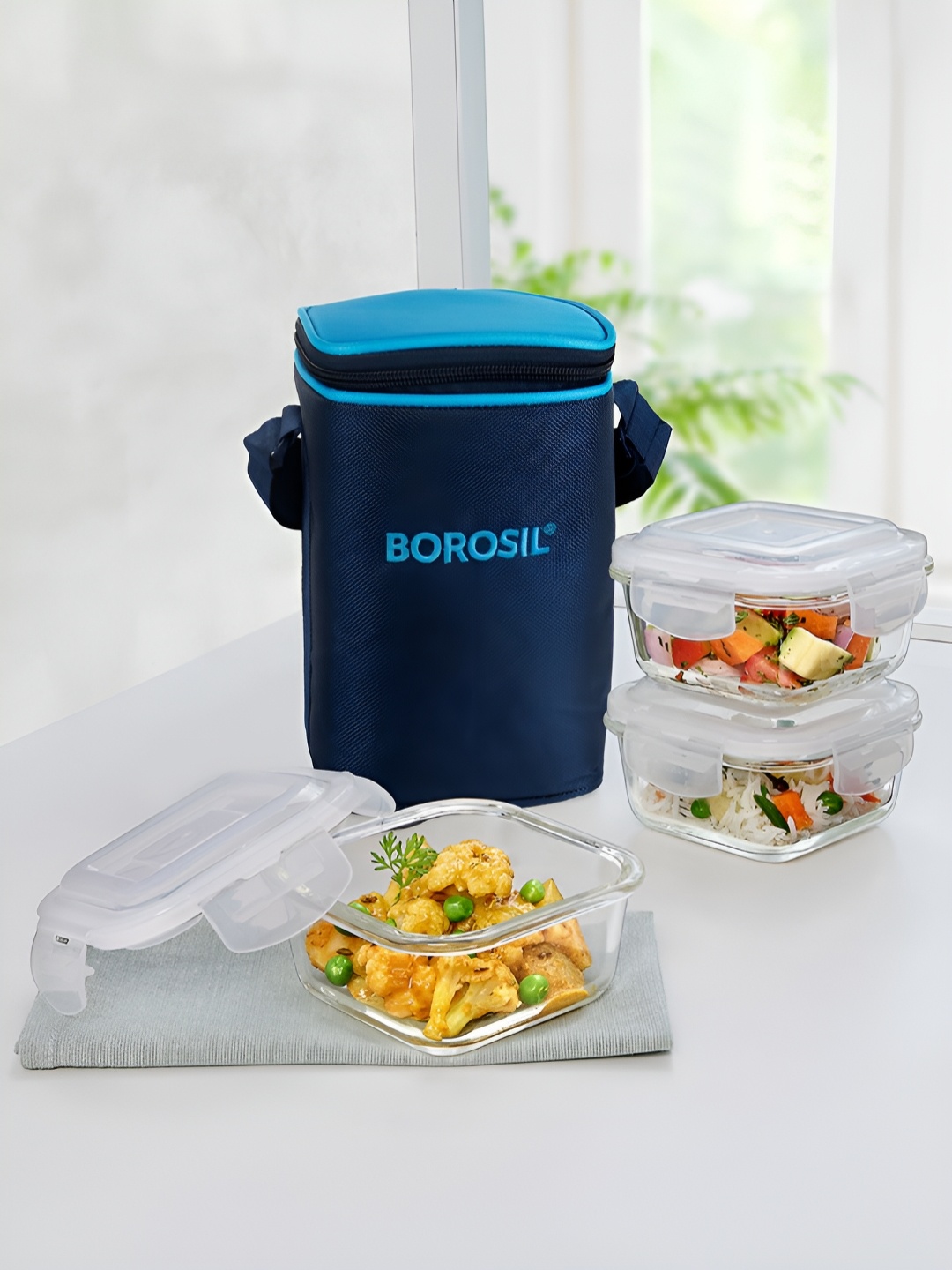 

BOROSIL Alfa Blue 3 Pieces Borosilicate Glass Square Container Lunch Boxes With Bag