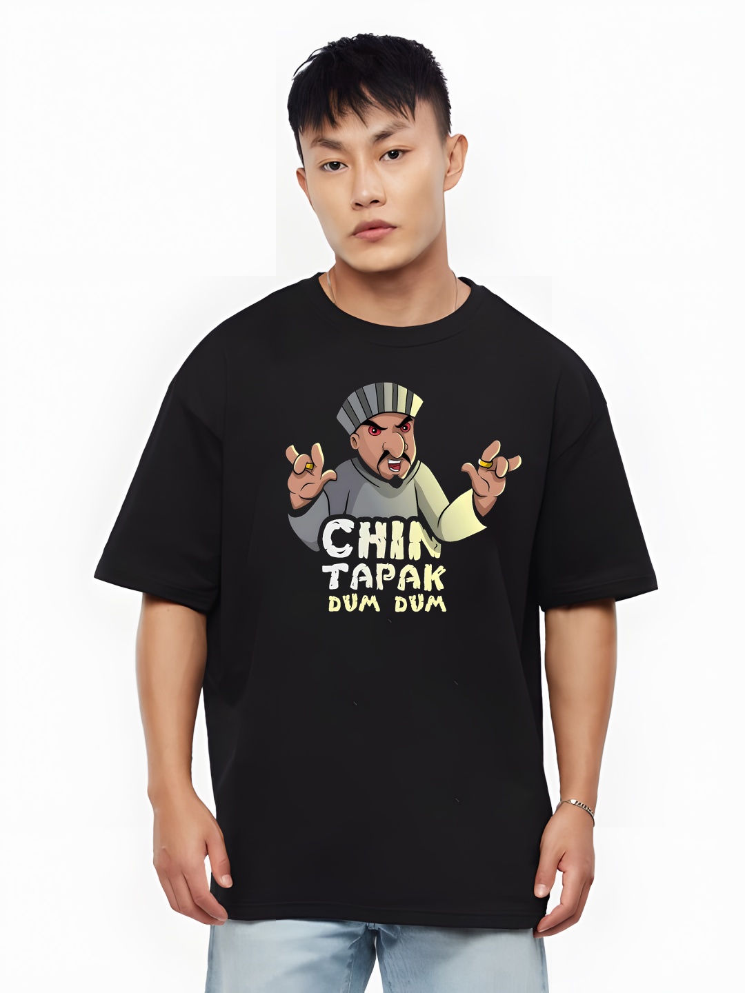 

Krimmple Men Chhota Bheem Typography Printed Round Neck Cotton Oversized T-shirt, Black