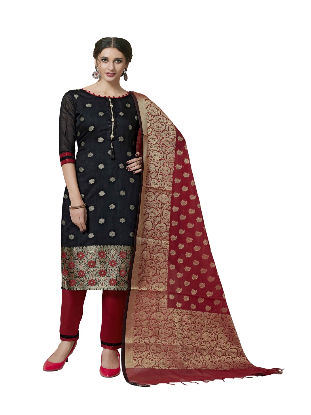 

HERE&NOW Floral Woven Design Zari Unstitched Dress Material, Black