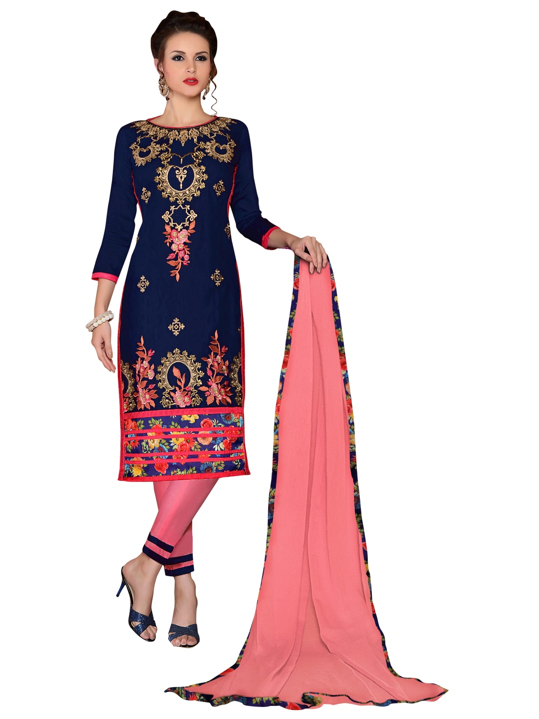 

HERE&NOW Ethnic Motifs Embroidered Unstitched Dress Material, Blue