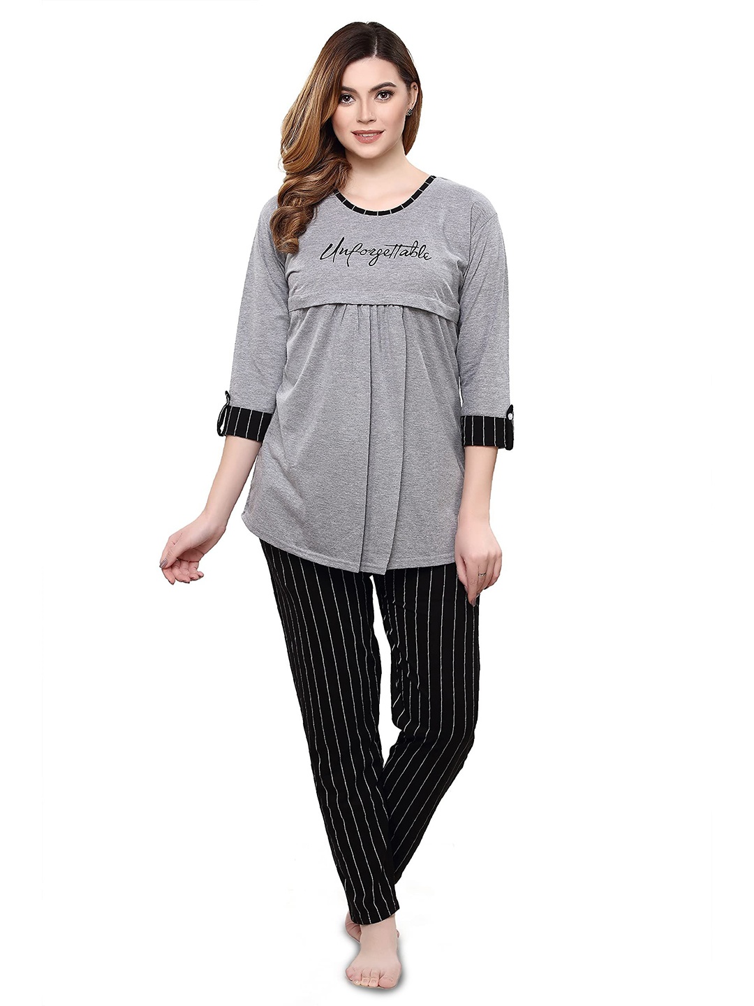

TIGYWIGY Typography Printed Pure Cotton Maternity Top With Pyjama, Grey