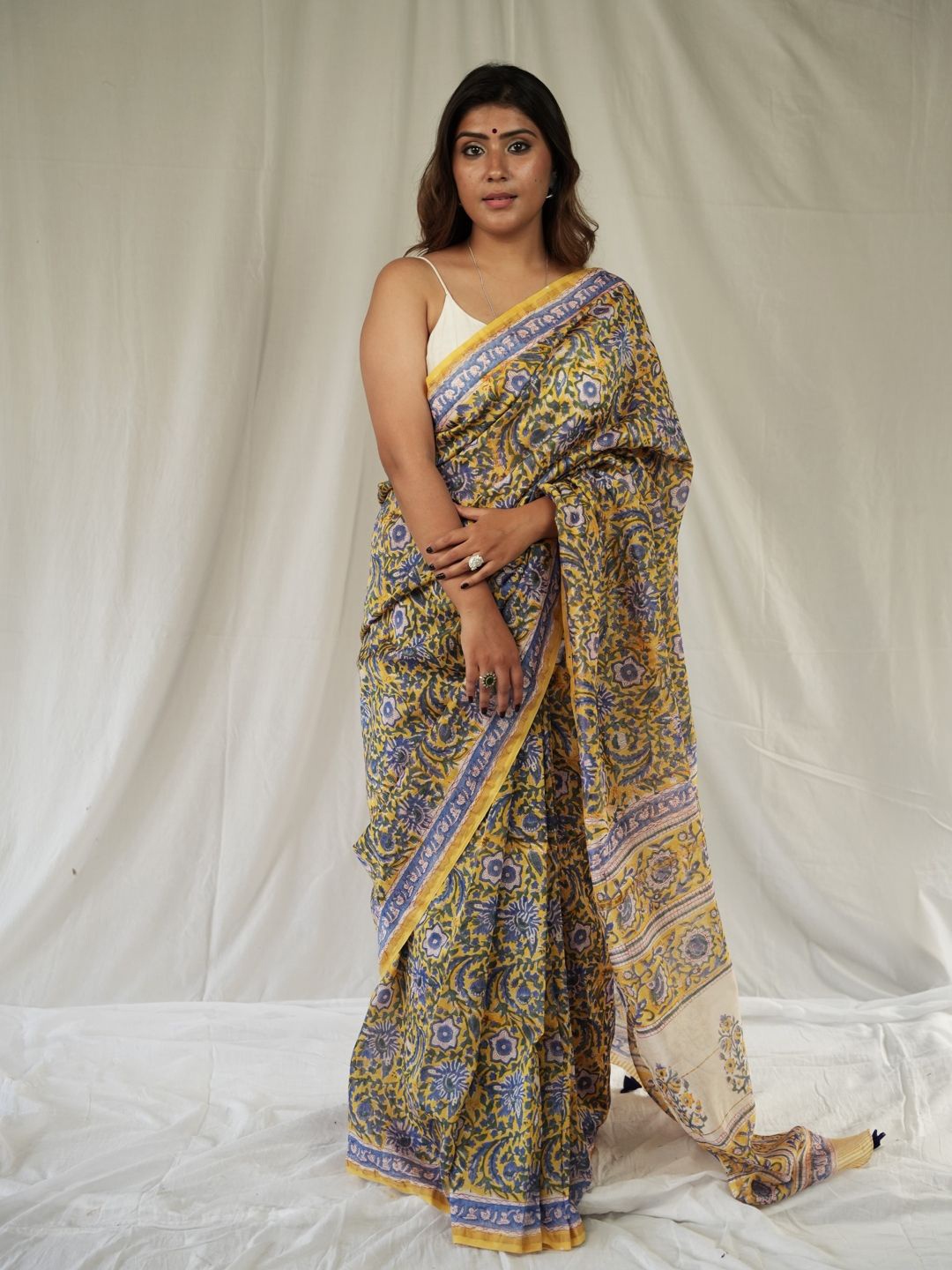 

GRAY AND GREEN Floral Silk Cotton Bagru Saree, Yellow