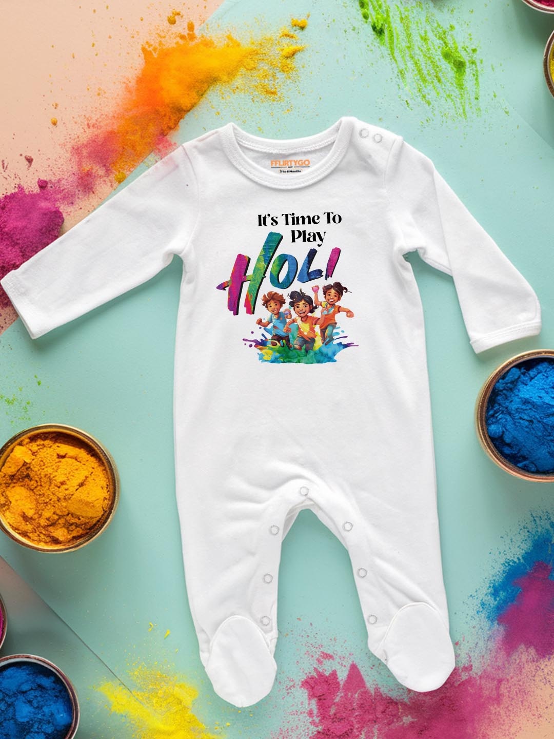 

FFLIRTYGO Infants Holi Printed Pure Cotton Sleepsuit, White