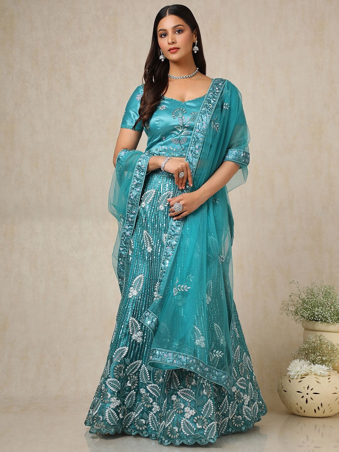 

Soch Embellished Sequinned Unstitched Lehenga & Blouse With Dupatta, Teal