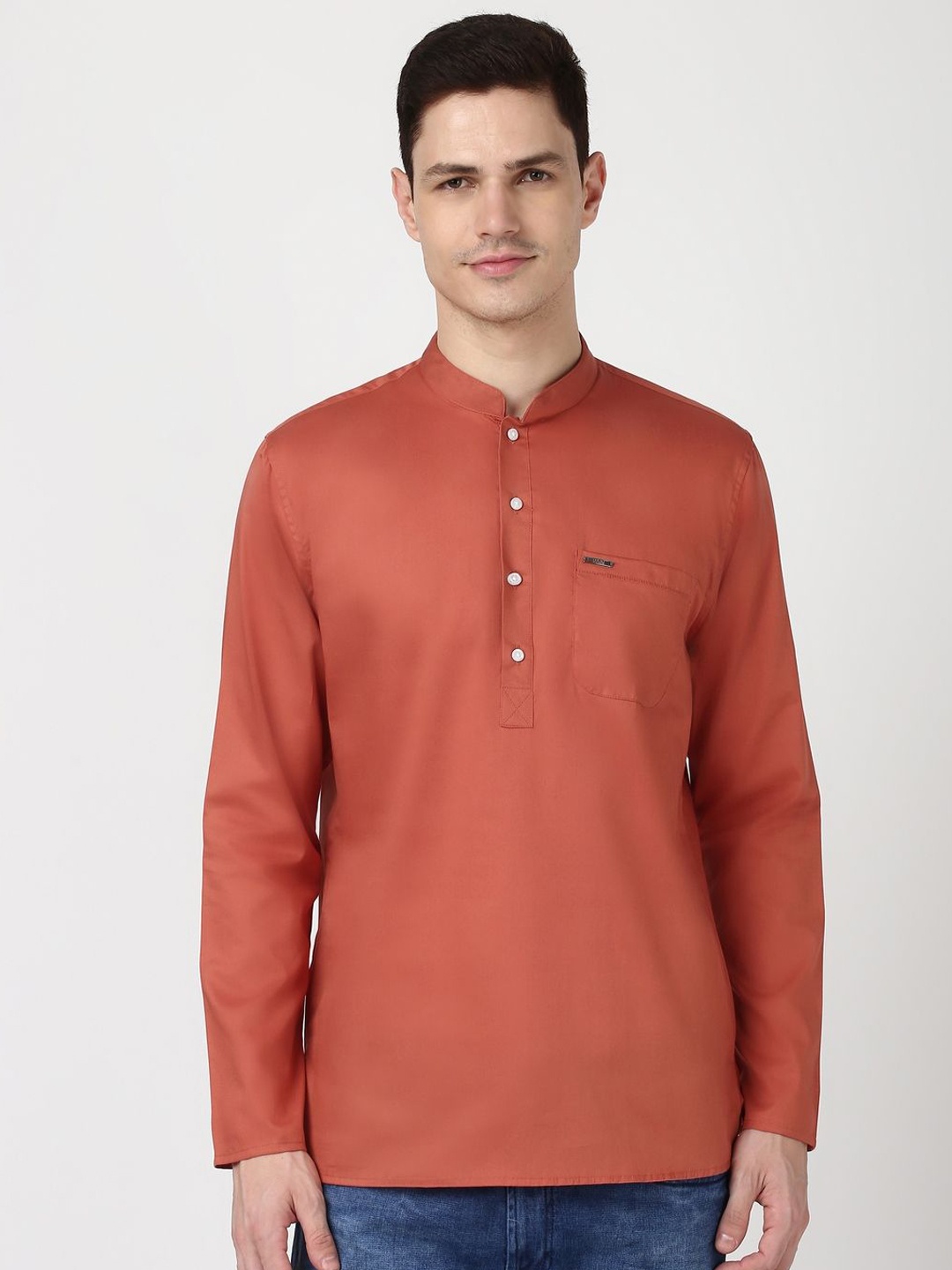 

Peter England Men Band Collar Straight Kurta, Orange