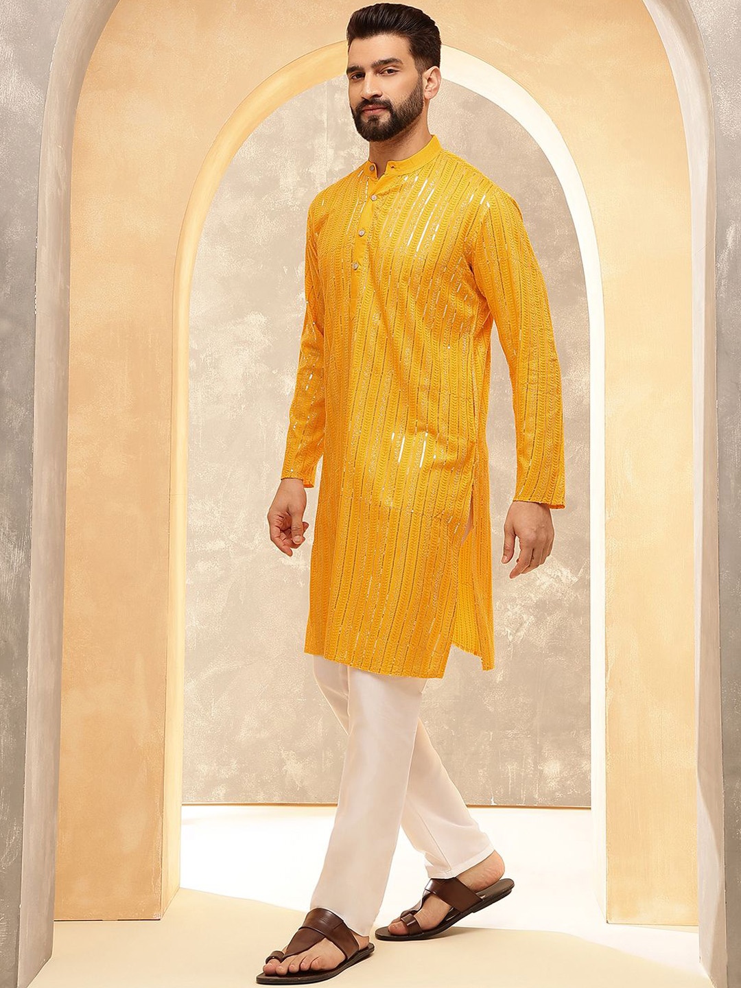 

Anouk Mustard Geometric Embroidered Sequence Band Collar Cotton Straight Kurta