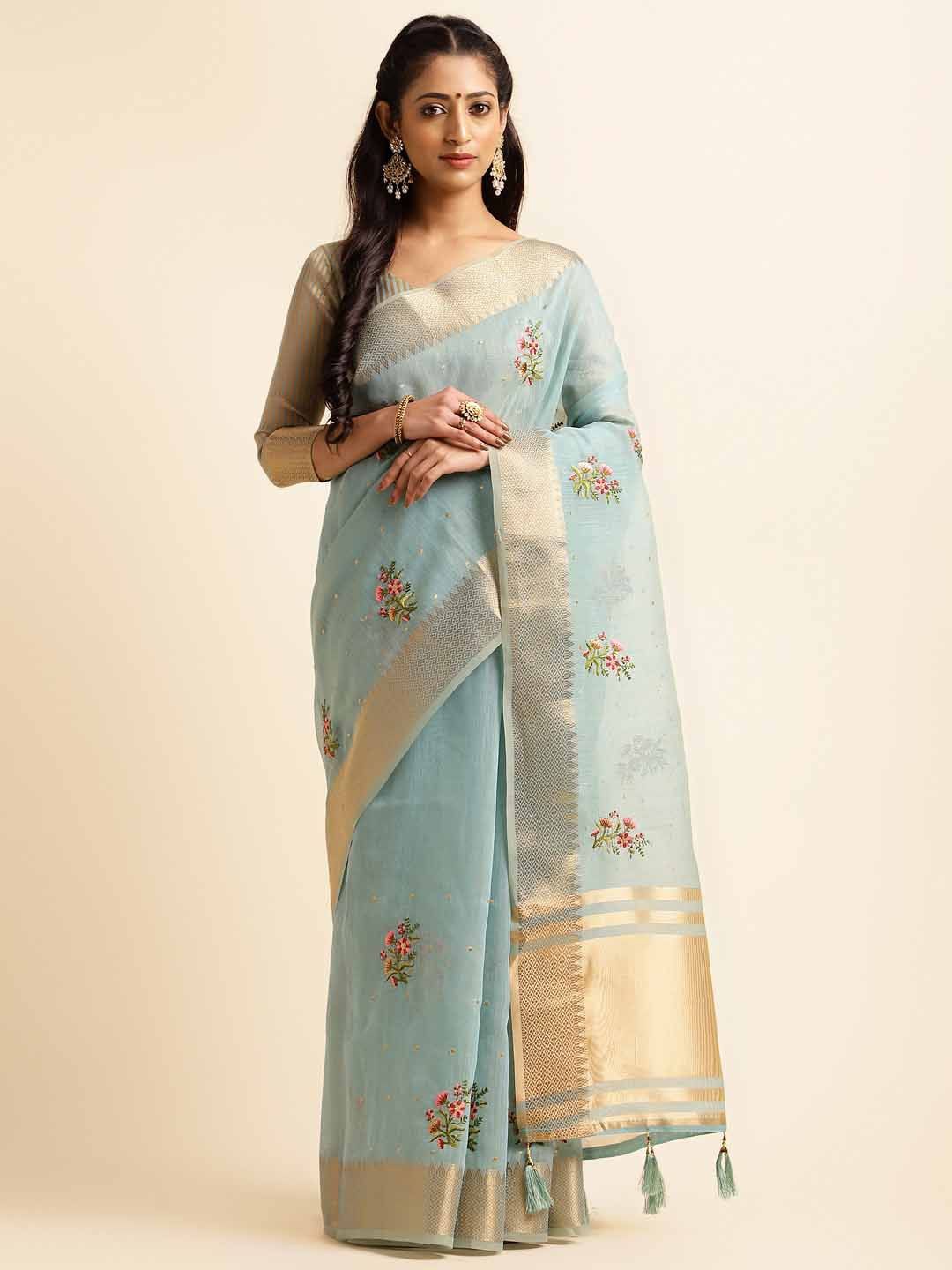 

Blissta Floral Embroidered Silk Cotton Handloom Saree, Blue