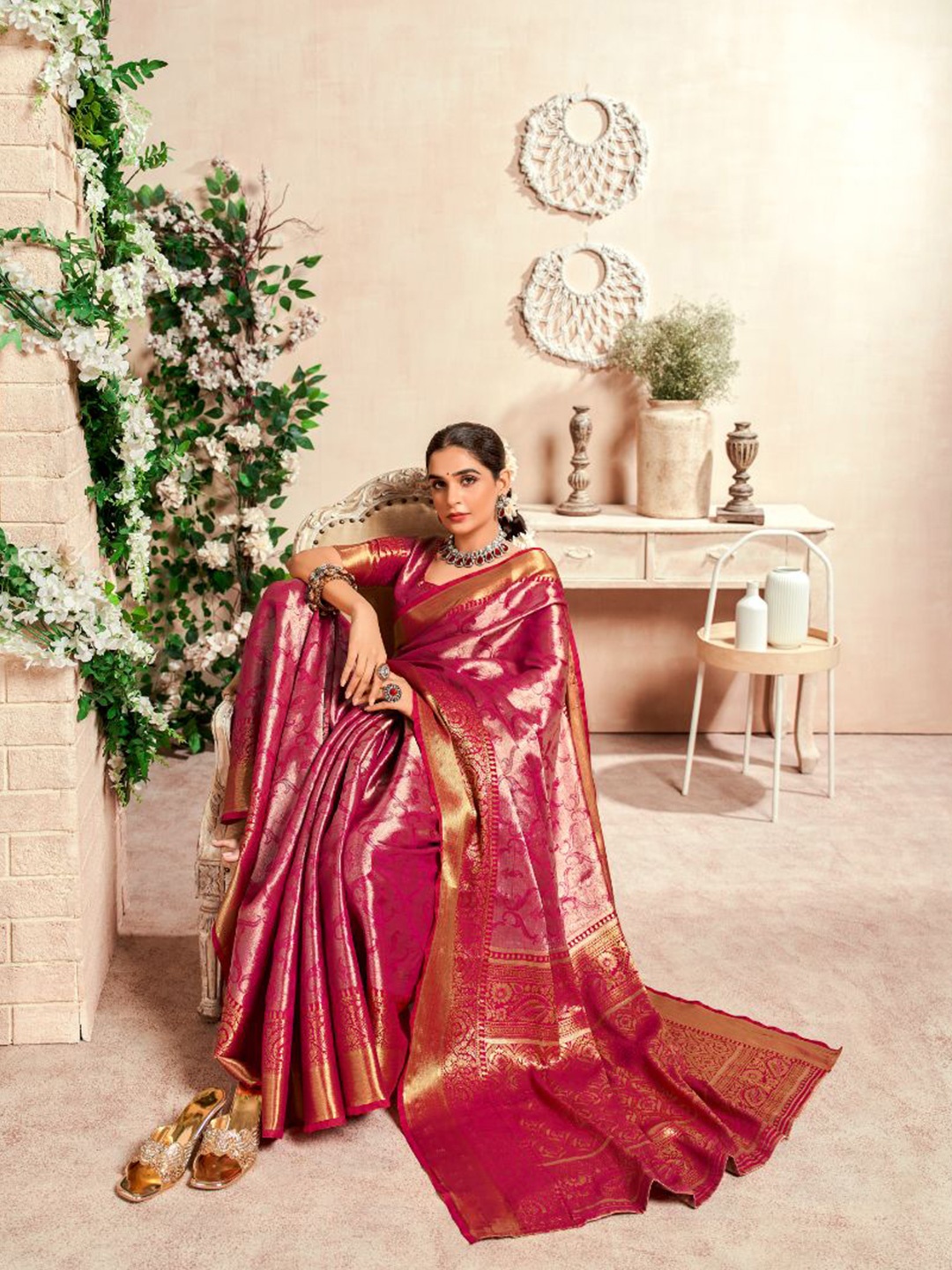 

NK Textiles Woven Design Zari Silk Blend Dharmavaram Saree, Pink