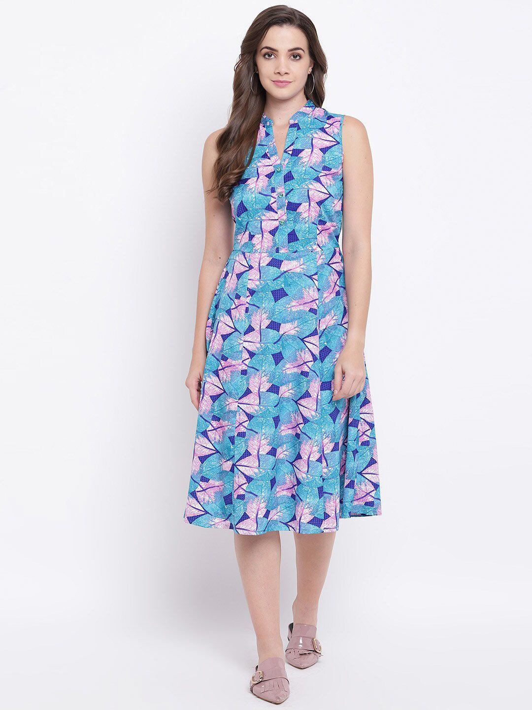 

DressBerry Women Floral Printed Crepe A-Line Midi Dress, Blue
