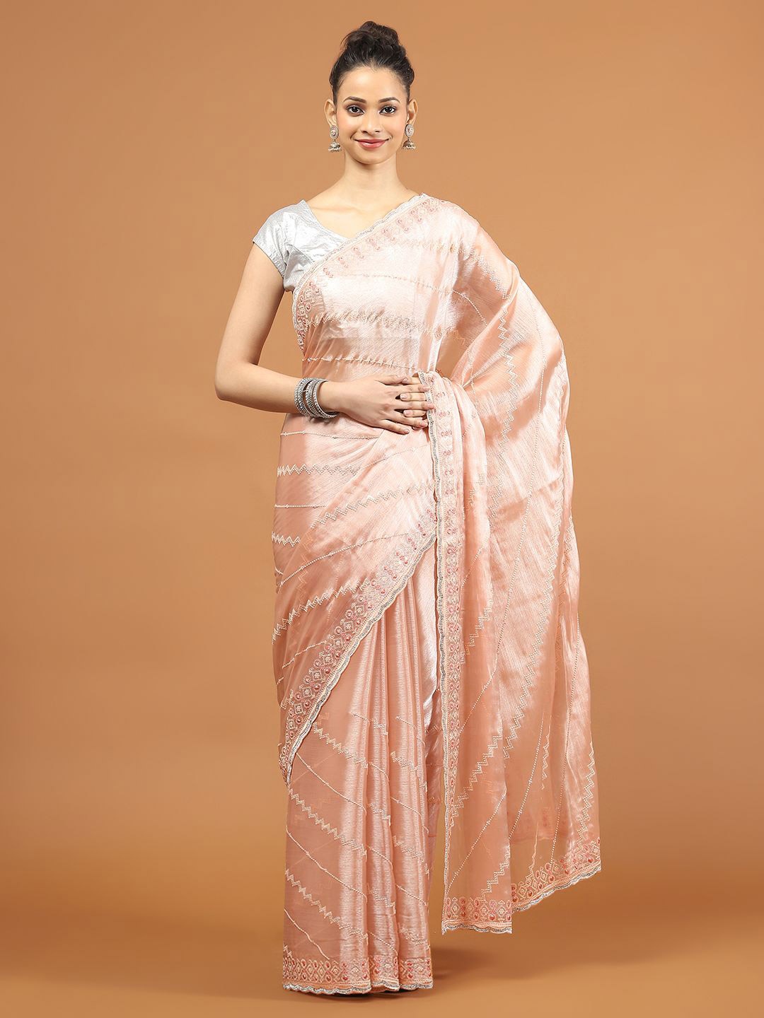 

Meena Bazaar Embellished Sequinned Saree, Peach