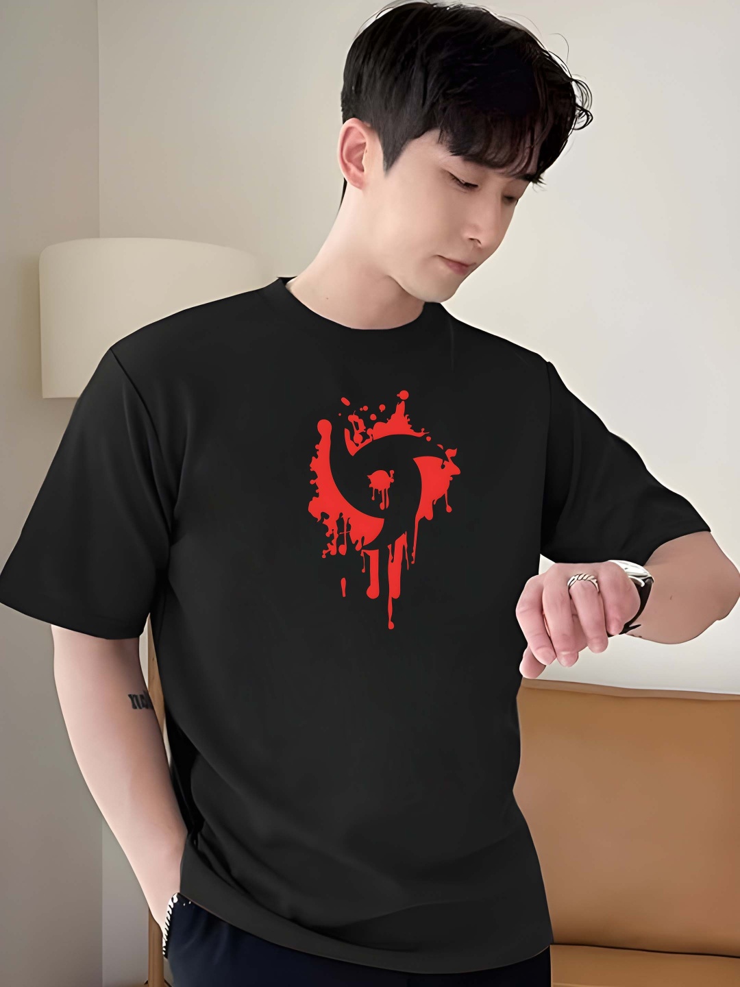 

Krimmple Men Graphic Printed Round Neck Cotton Oversized T-shirt, Black