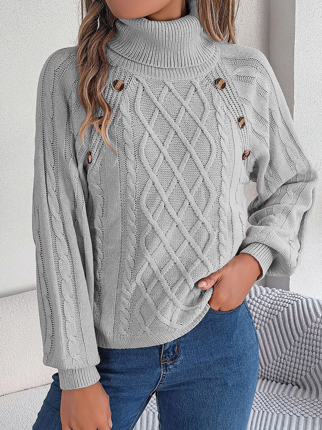 

StyleCast x Revolte Women Self Design Turtle Neck Cable Knit Pullover with Button Detail, Grey