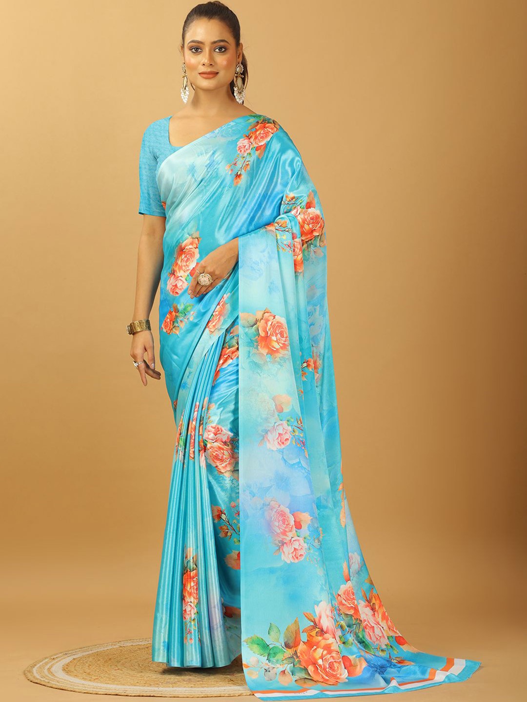 

A.V.M. SILK MILLS Women Floral Pure Crepe Saree, Blue