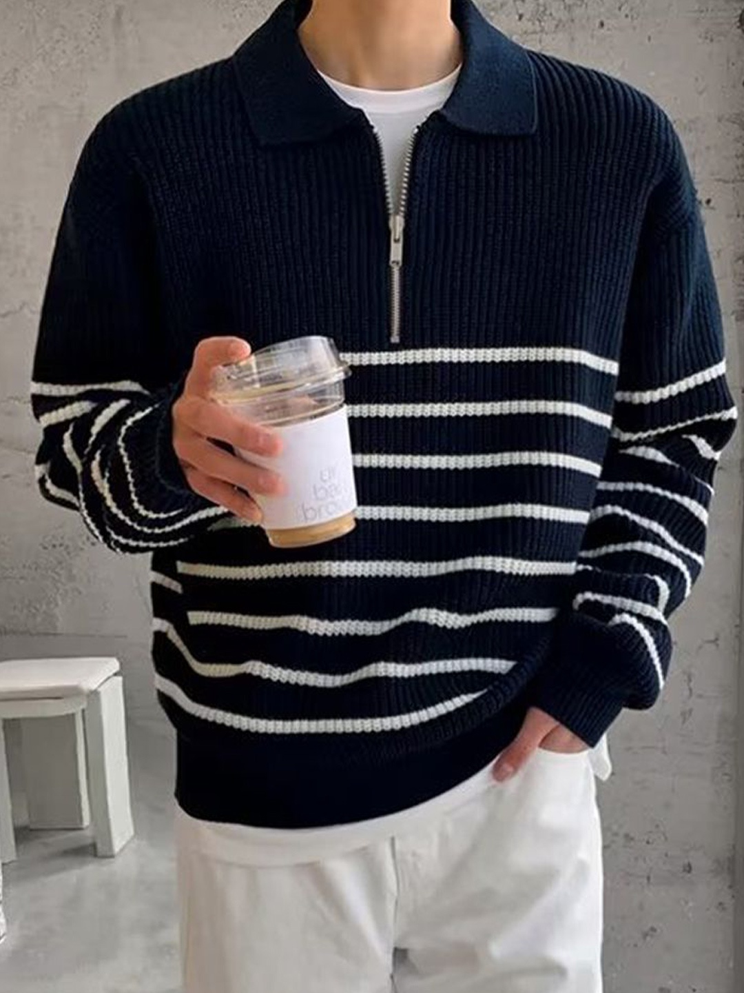 

StyleCast x Revolte Men Striped Pullover, Navy blue