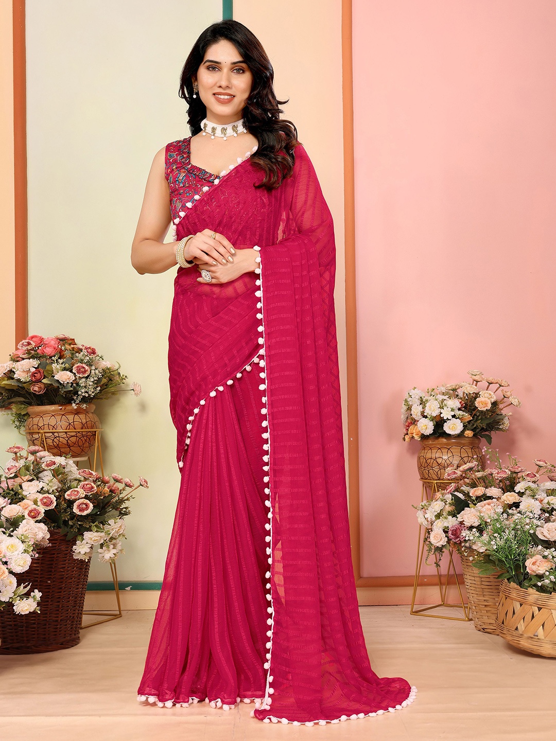 

Munir Striped Poly Georgette Saree, Red