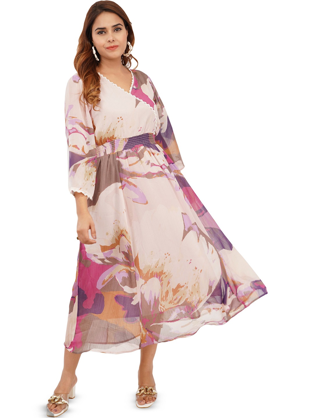 

Edla Floral Printed Chiffon A-Line Midi Dress, Pink