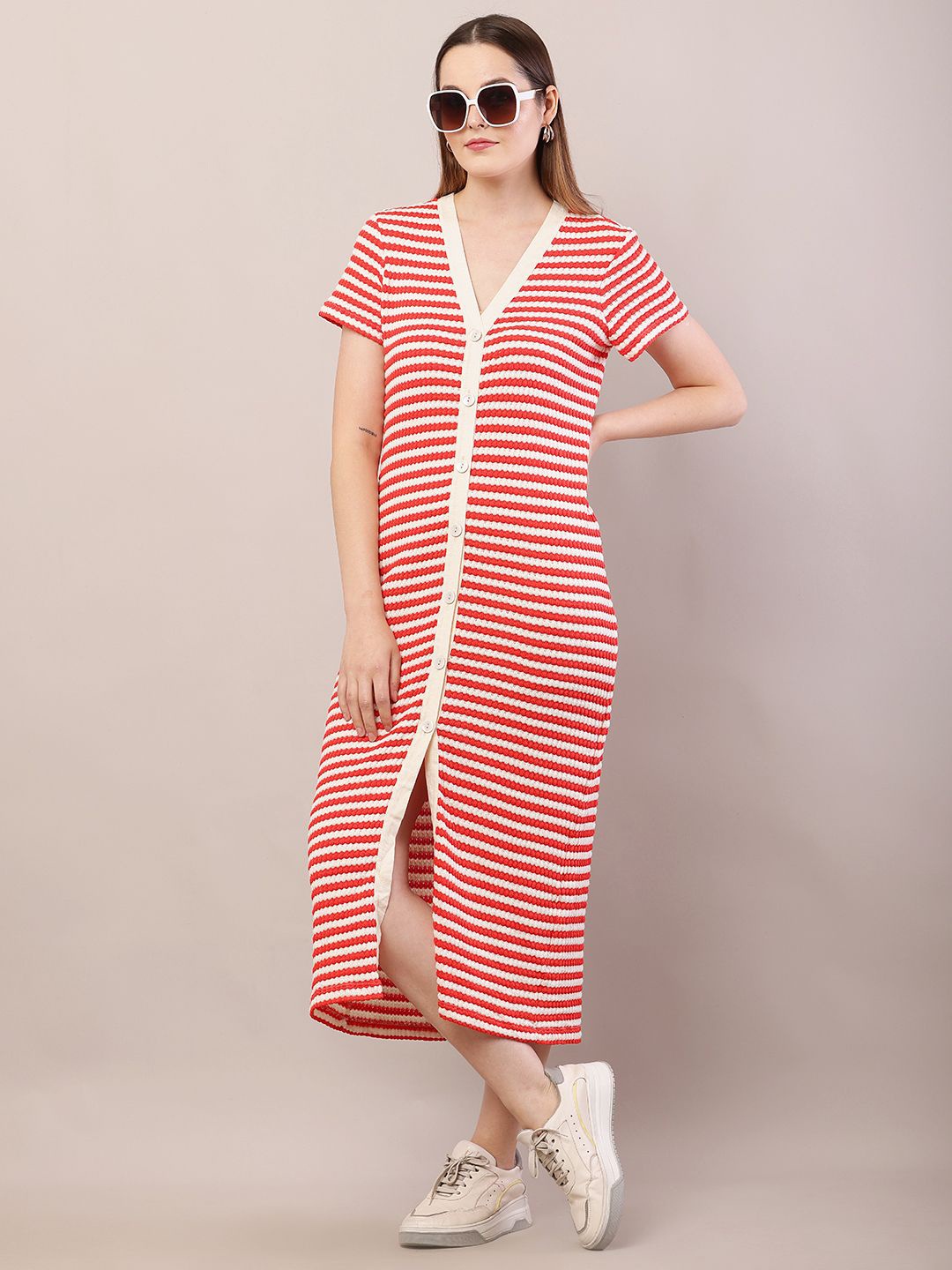 

NoBarr Women Striped Printed Shift Midi Cotton Dress, Red