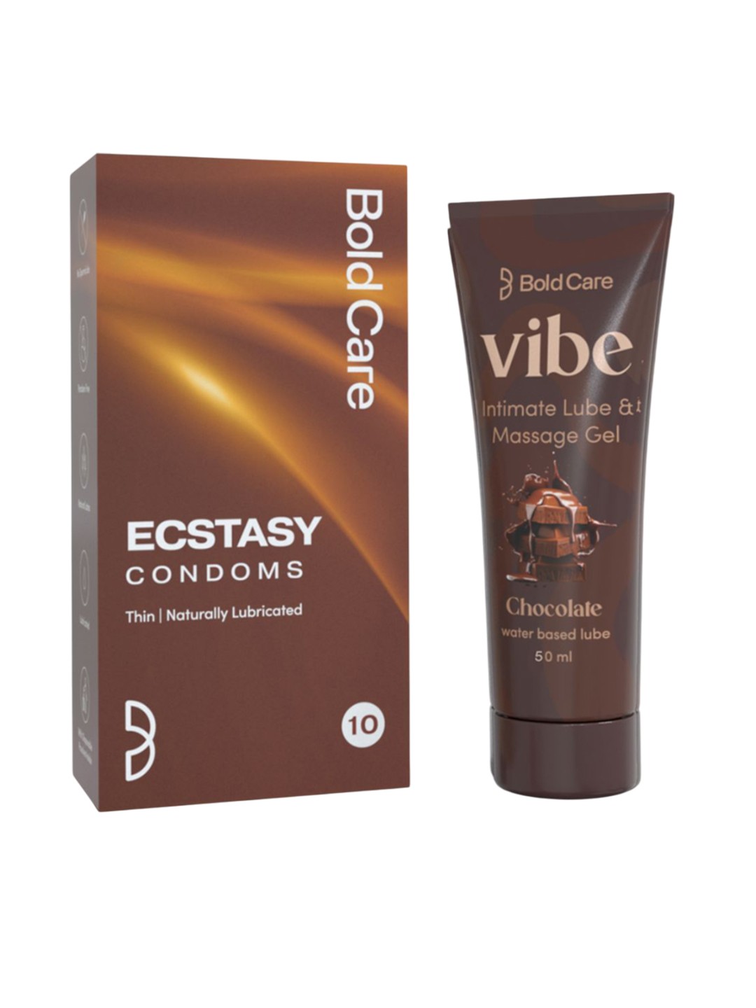

Bold Care Set Of Vibe Chocolate Intimate Lube Gel 50ml With Ecstasy Condoms 10 Pcs, Brown