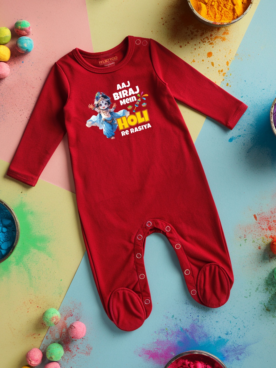 

FFLIRTYGO Infants Holi Printed Cotton Sleepsuit, Red