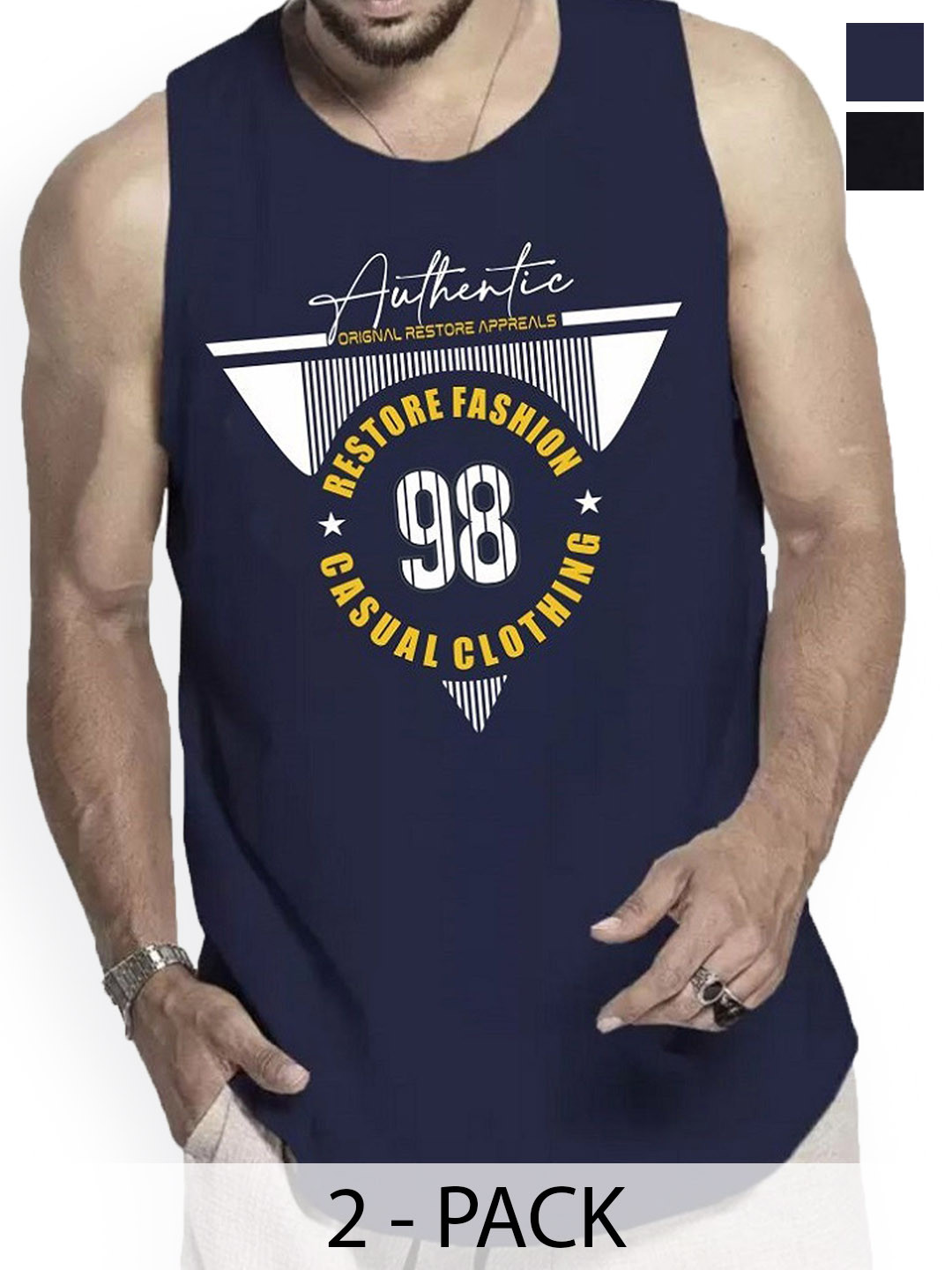 

WOOSTRO Men Pack Of 2 Printed Cotton Innerwear Gym Vests, Navy blue