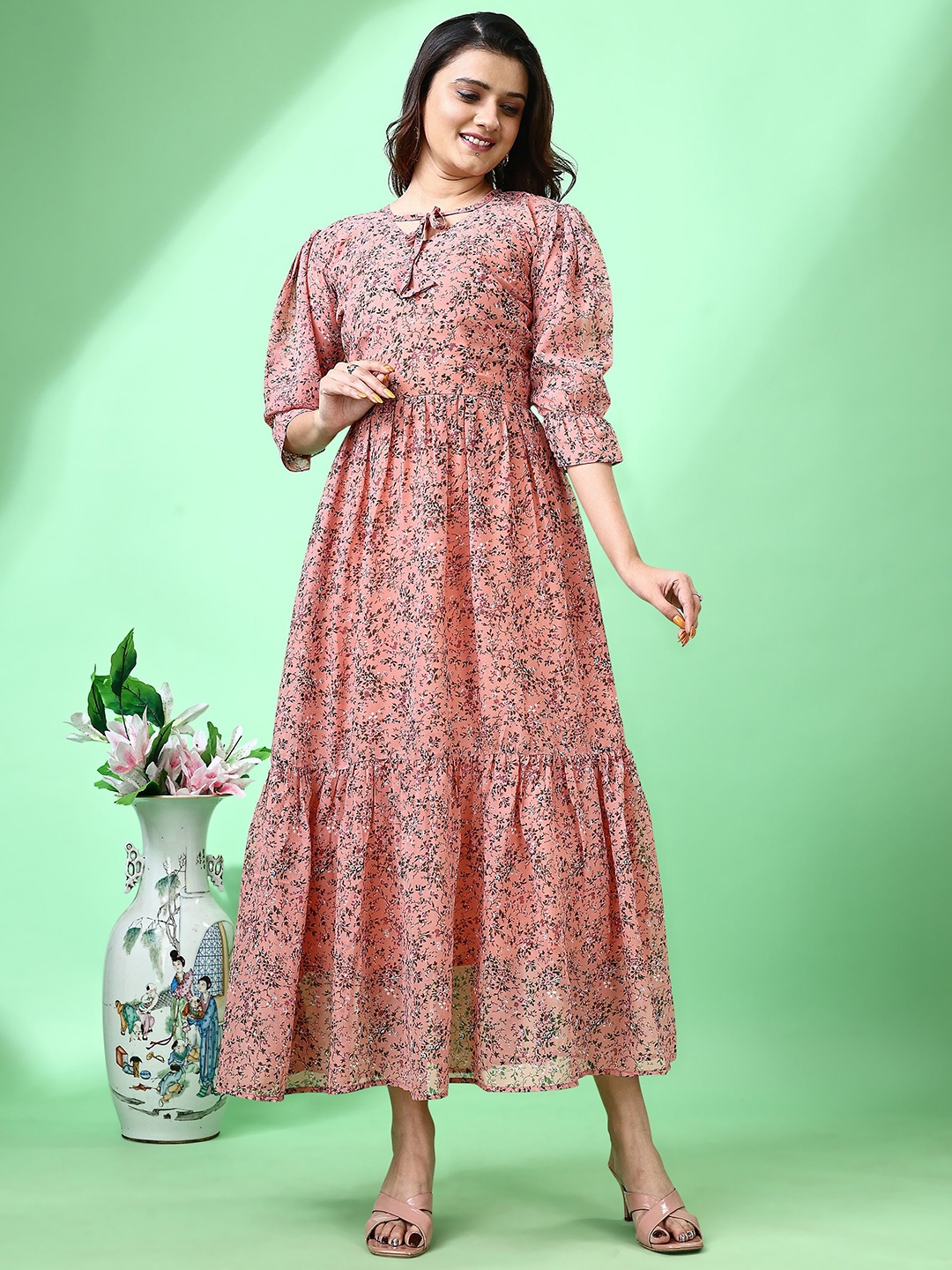 

Fashion2wear Floral Print Georgette A-Line Maxi Dress, Peach