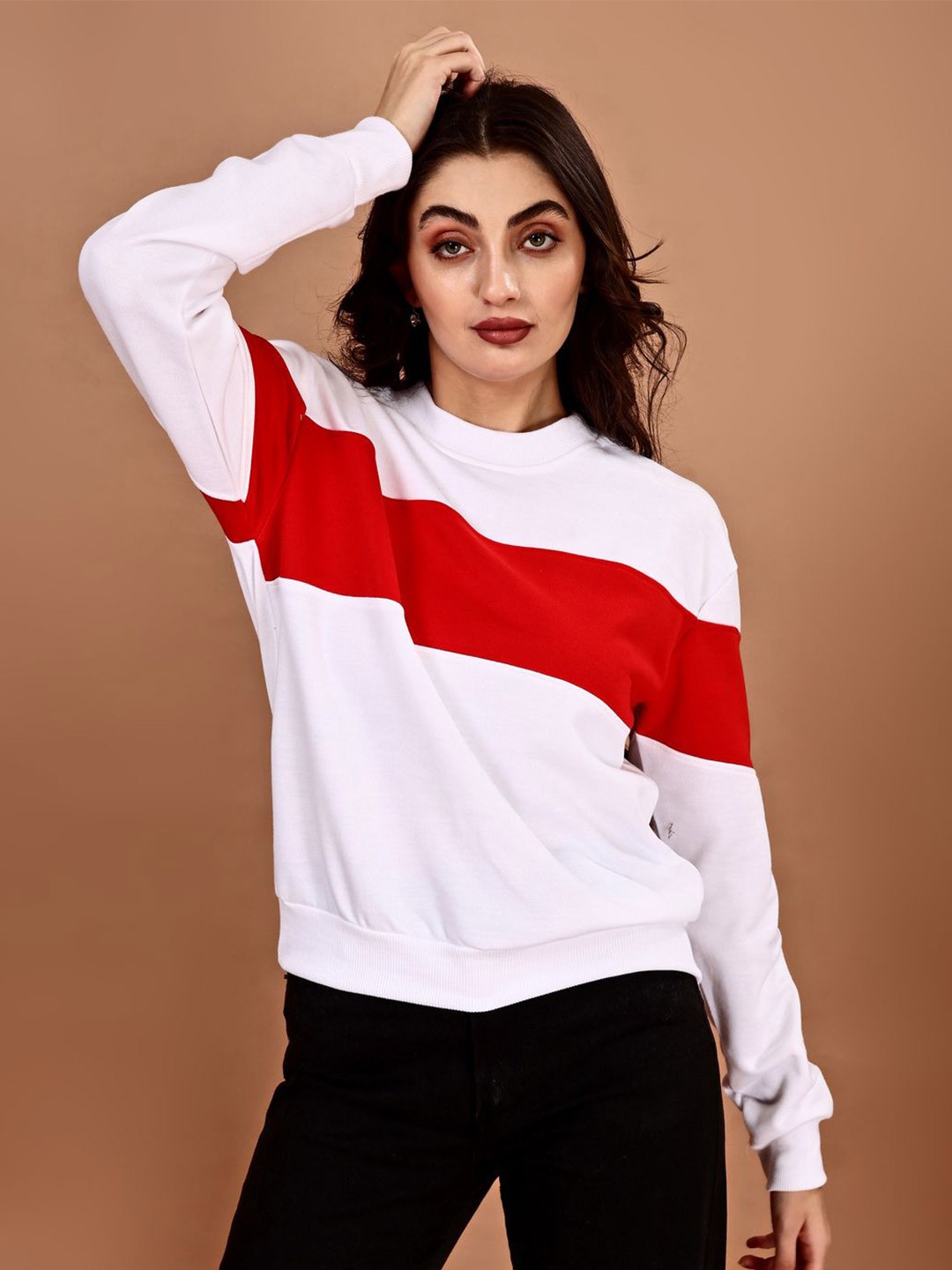 

shriez Women Colourblocked Pullover Sweatshirt, White