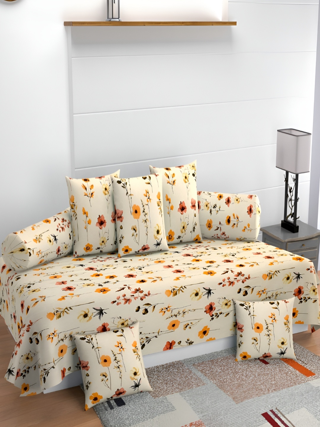

Jizzby 8-Pcs Beige & Orange Colored Printed Bed Sheet & 2 Booster With 5 Cushion