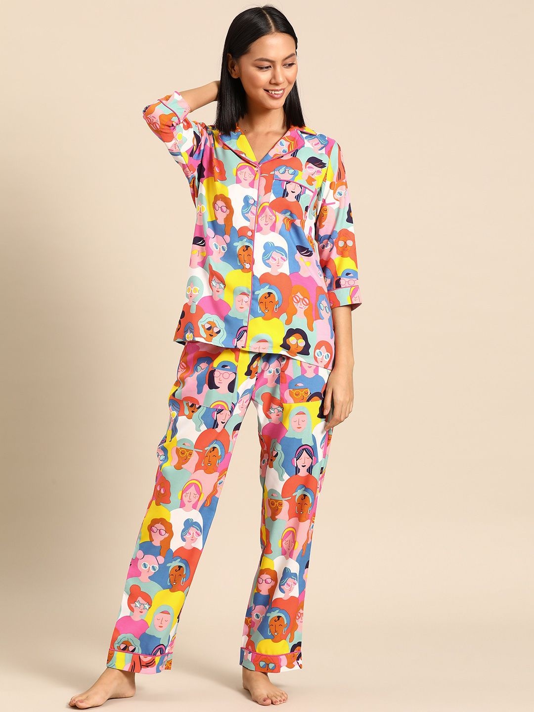 

MABISH by Sonal Jain Women Lapel Collar Printed Night suit, Pink