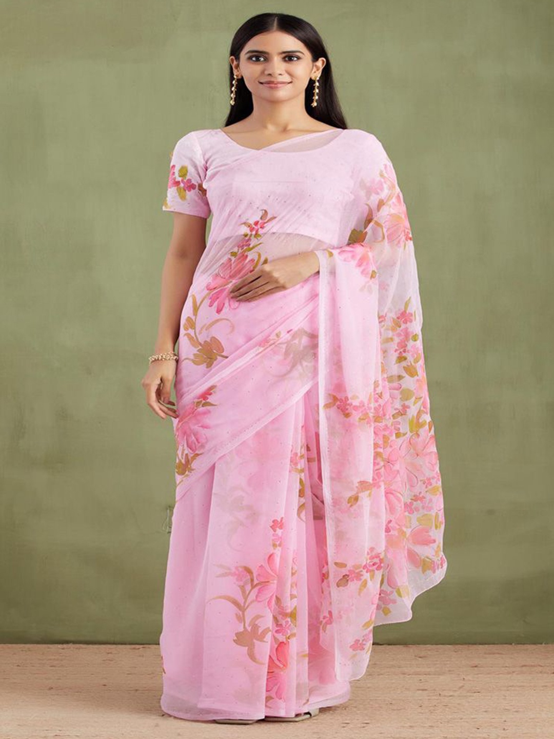 

Geroo Luxe Floral Printed Mukaish Saree, Pink