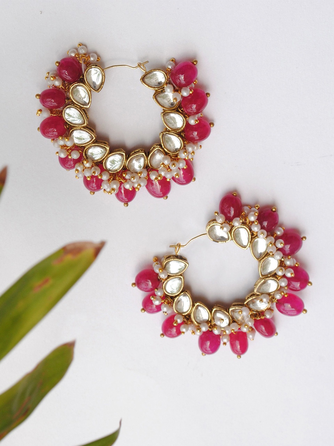

BeAbhika Gold-Plated Stone Studded & Beaded Contemporary Afreen Hoop Earrings, Red