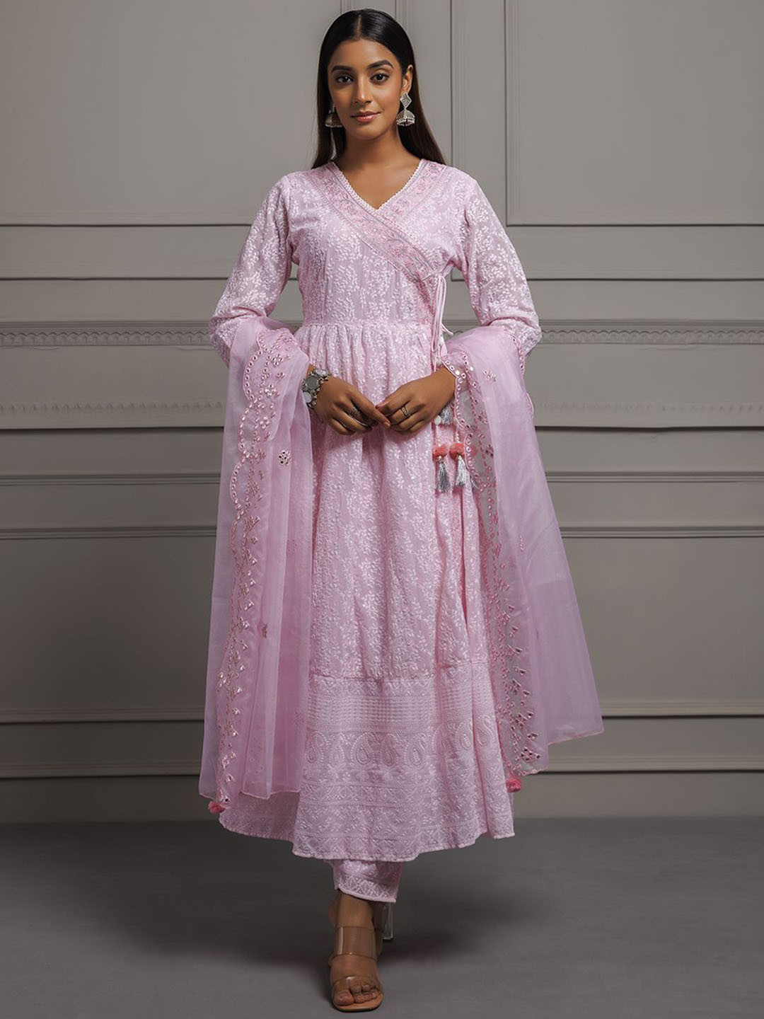 

Geroo Luxe Floral Embroidered Angrakha Sequinned Georgette Kurta & Trouser With Dupatta, Pink