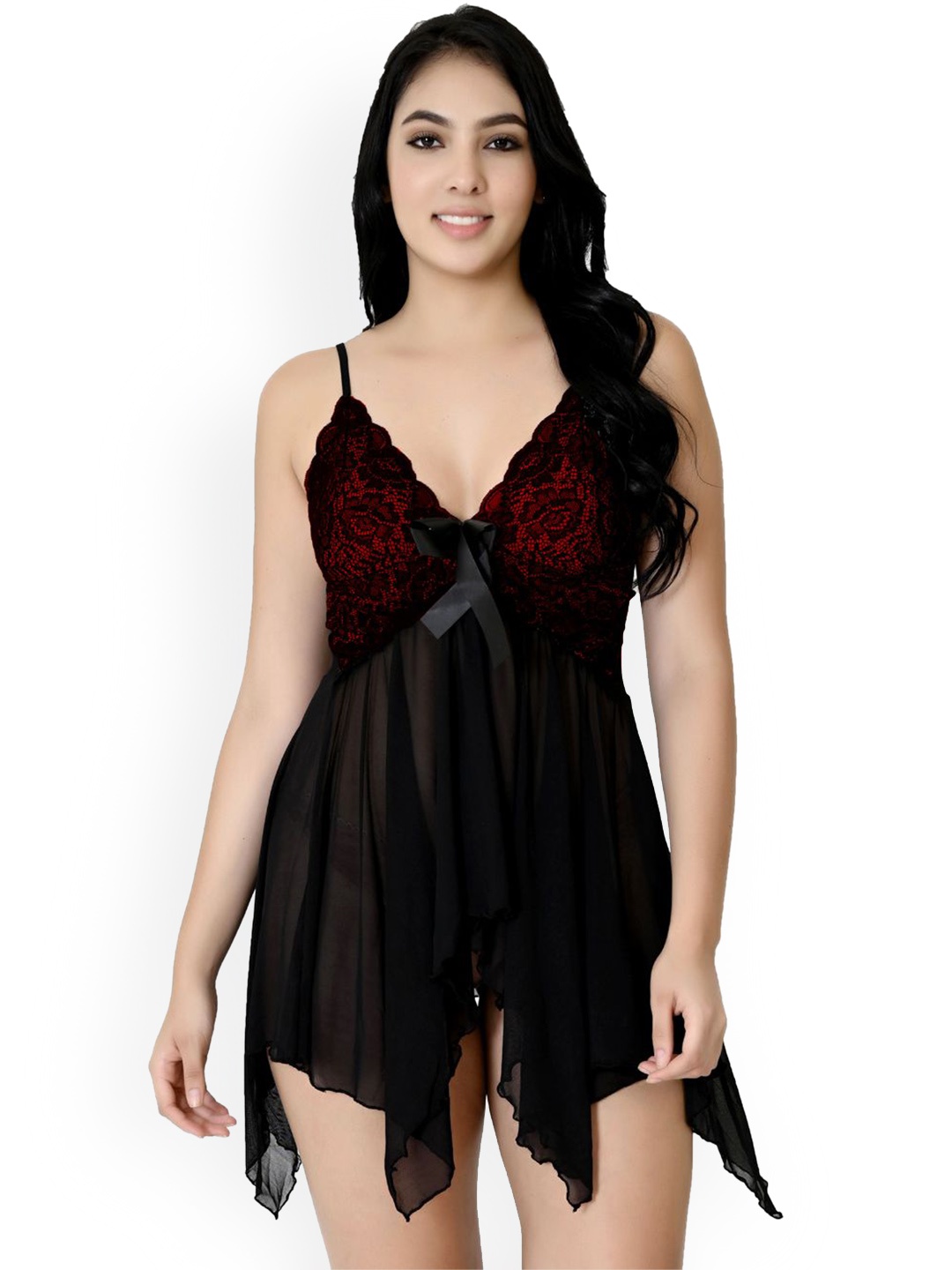

Fihana Women Self Design Baby Doll, Red