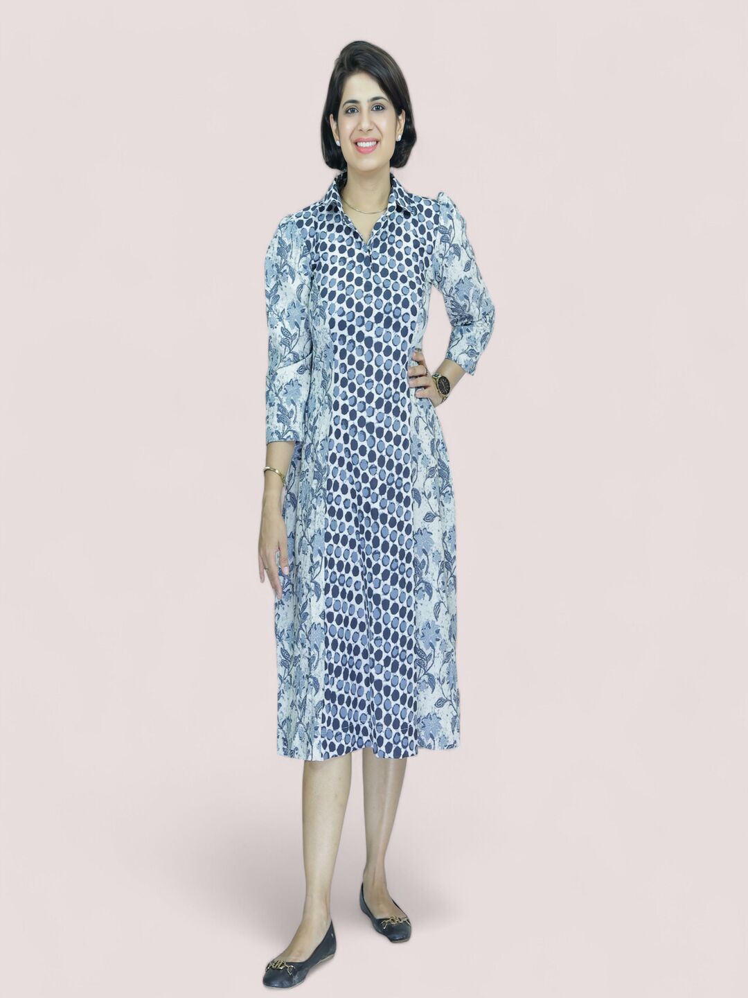 

GEETUES Women Polka Dot Printed Puff Sleeve Fit & Flare Midi Dress, Grey