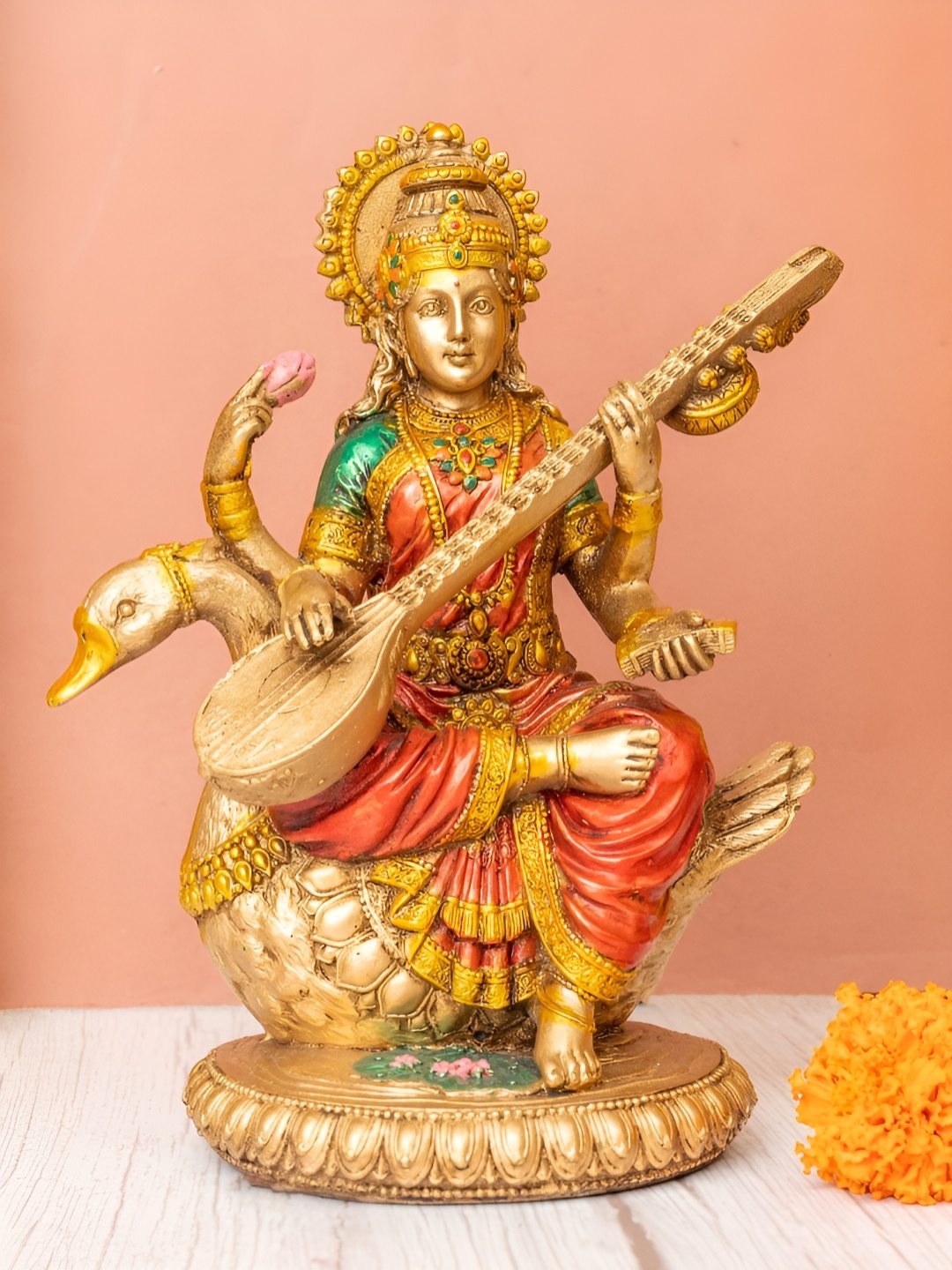 

The Advitya Gold-Toned & Red Goddess Saraswathi Religious Idol Showpiece