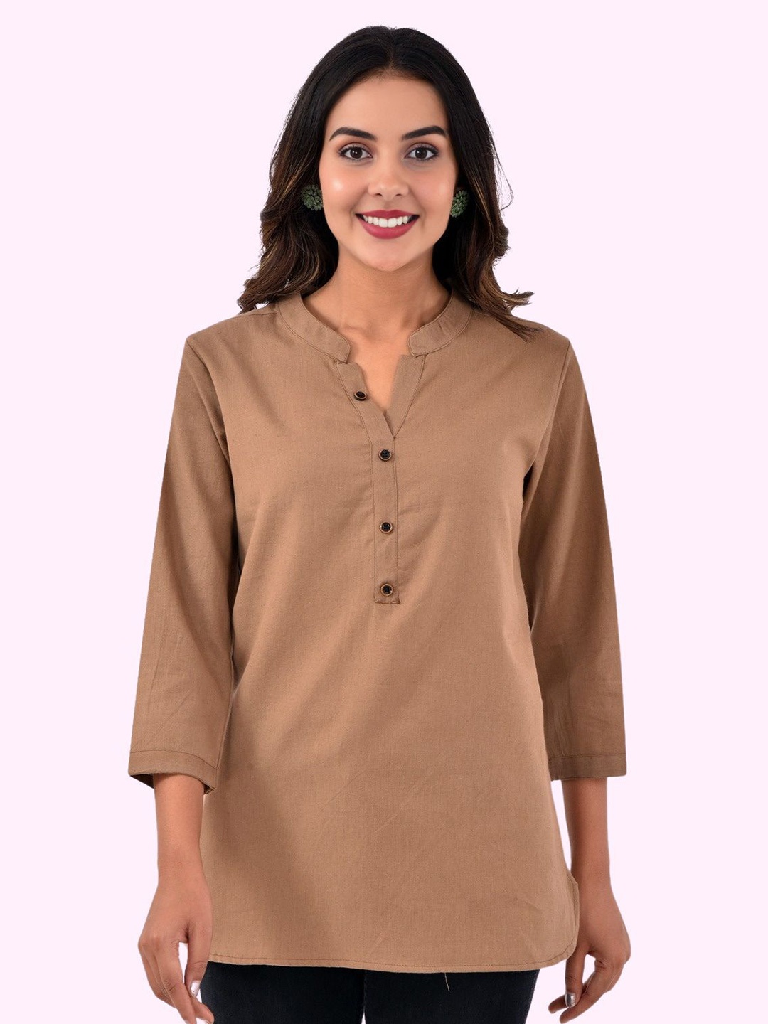 

GiftyBasket Women Mandarin Collar Pure CottonKurti, Brown