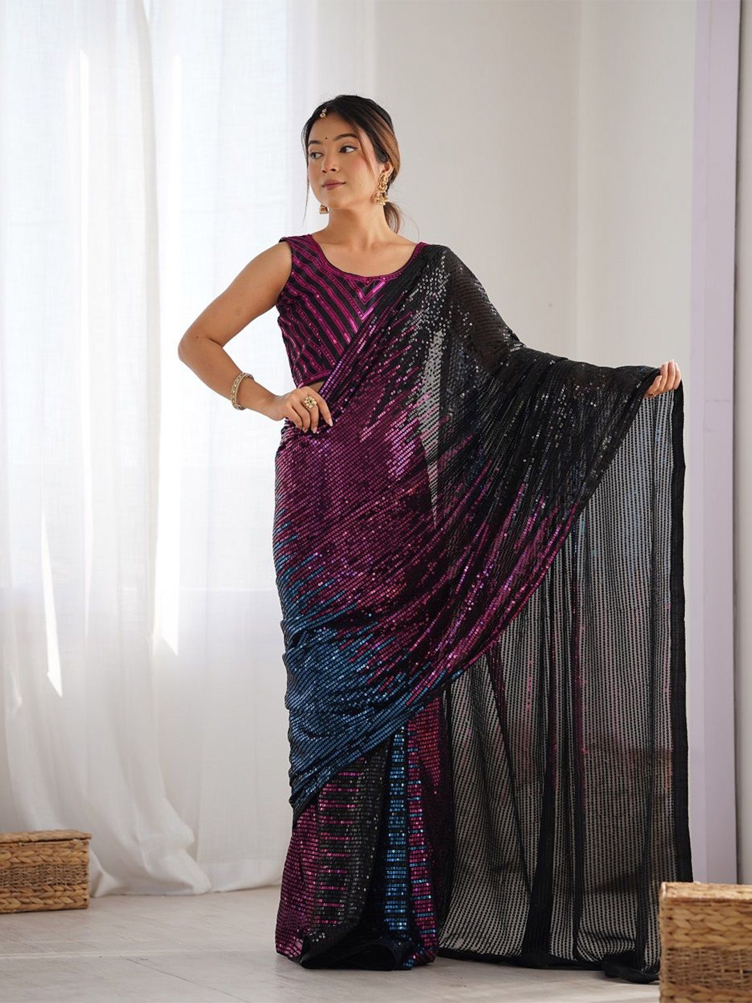 

DWIZA ENTERPRISE Embellished Sequinned Pure Georgette Saree, Pink