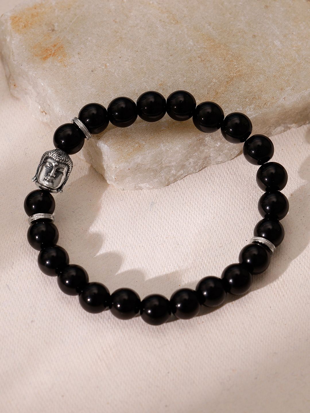 

GIVA Men 925 Sterling Silver Rhodium-Plated Beaded Buddha Oxidised Elasticated Bracelet