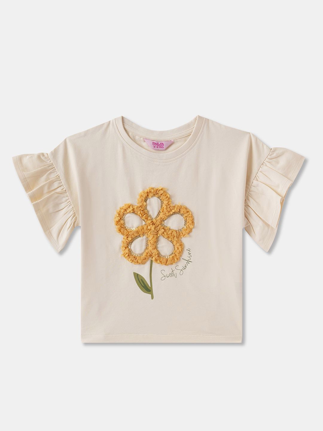 

R&B Floral Print Flutter Sleeve Cotton Top, Beige