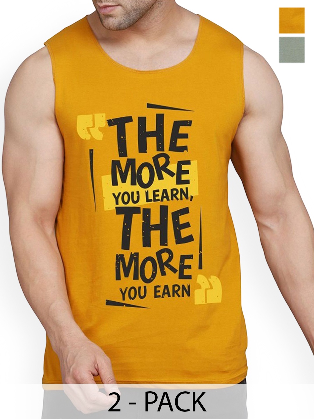 

WOOSTRO Pack Of 2 Printed Combed Cotton Gym Vest RS26 CMB (MORE LGTGREEN) (MORE MUSTARD), Green