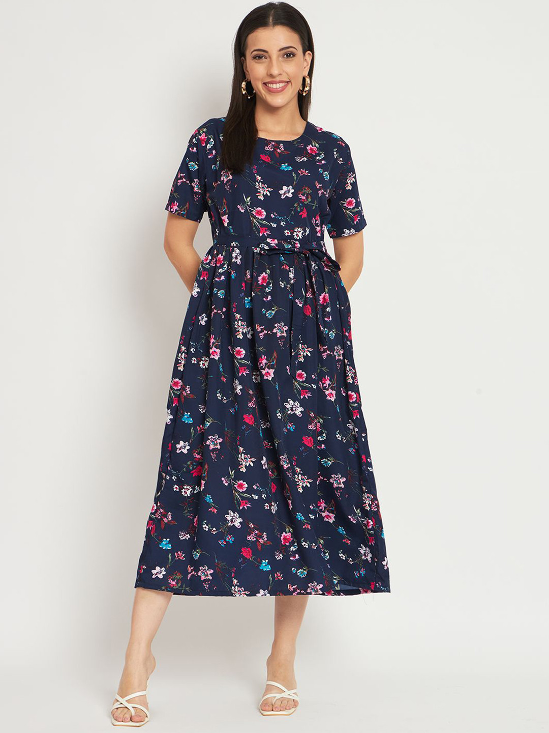 

ANGOORI FASHION Women Floral Printed Puff Sleeve Fit & Flare Midi Dress, Blue