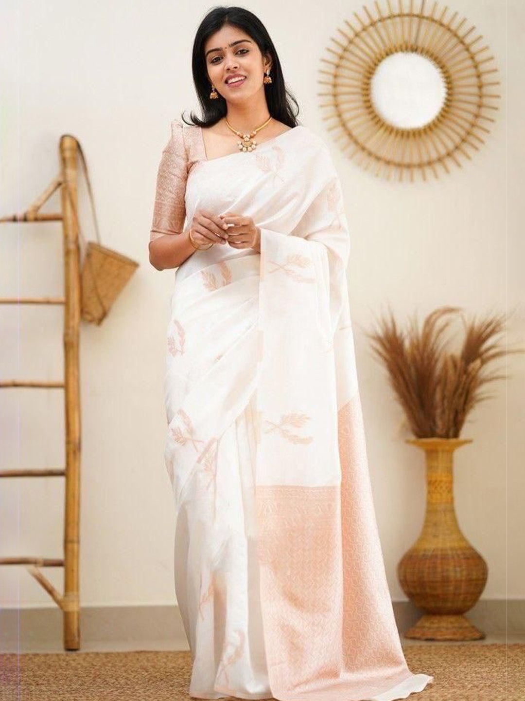 

bansari textiles Woven Design Zari Banarasi Saree, White