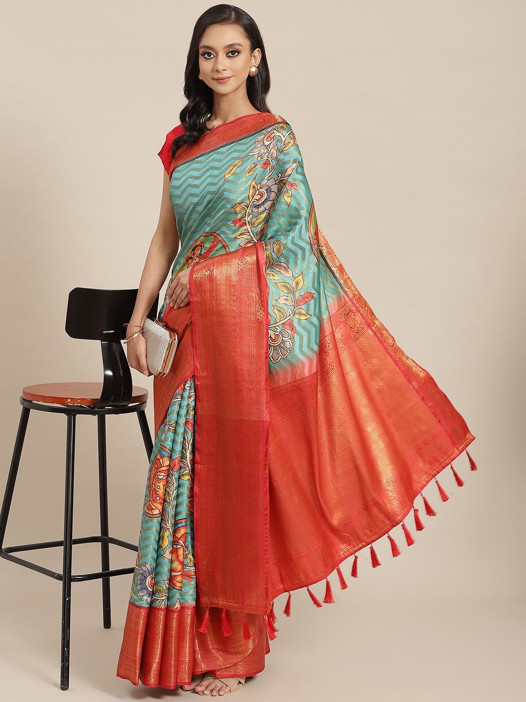 

DIVASTRI Digital Print Art Silk Banarasi Saree with Unstiched Blouse Piece, Teal