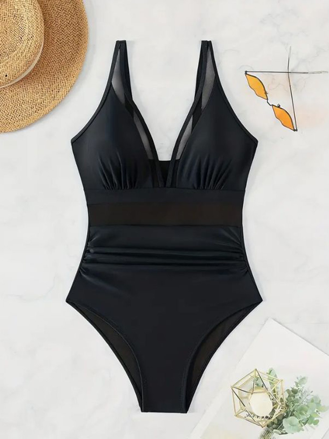 

Plus Curvves Women V Neck Swim Bodysuit, Black