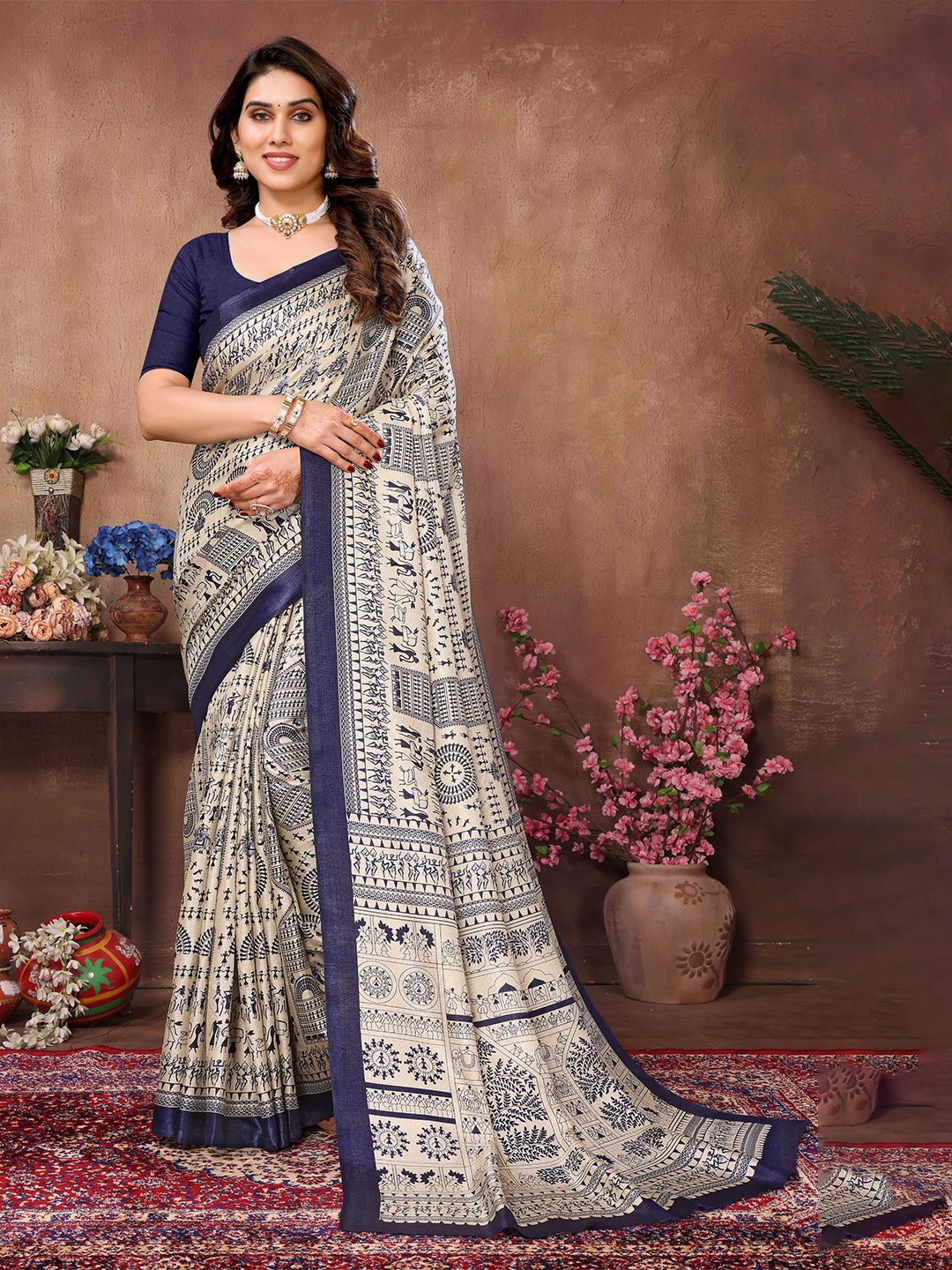 

Munir Kalamkari Silk Blend Saree, Blue