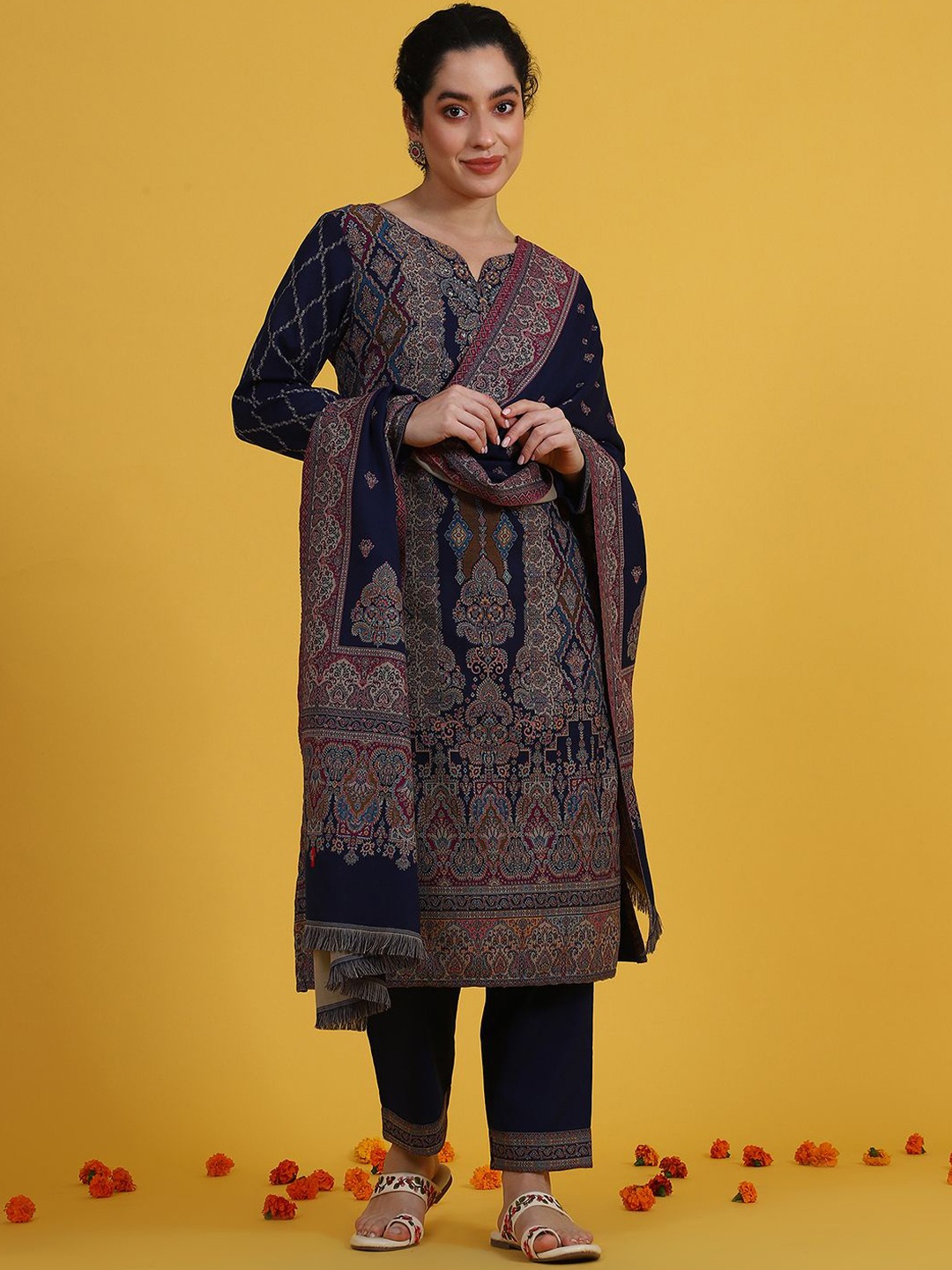 

W Blue Floral Printed Notch Neck Straight Kurta With Trousers And Dupatta