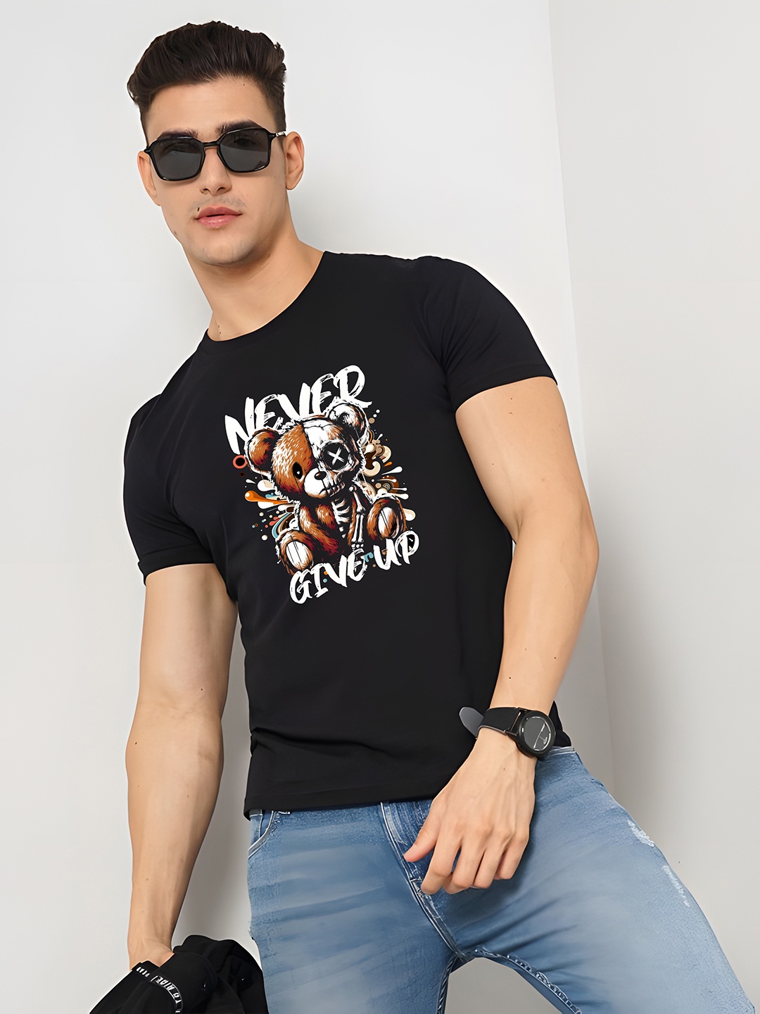 

Krimmple Men Graphic Printed Round Neck Cotton T-shirt, Black