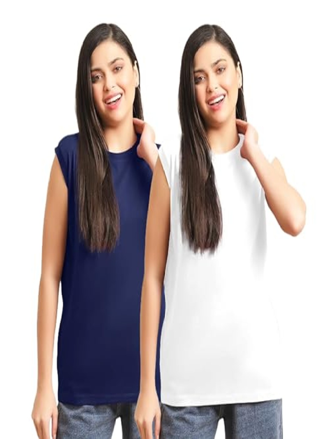 

NOTWILD Women Pack Of 2 Solid Round Neck Cotton T-shirts, Navy blue