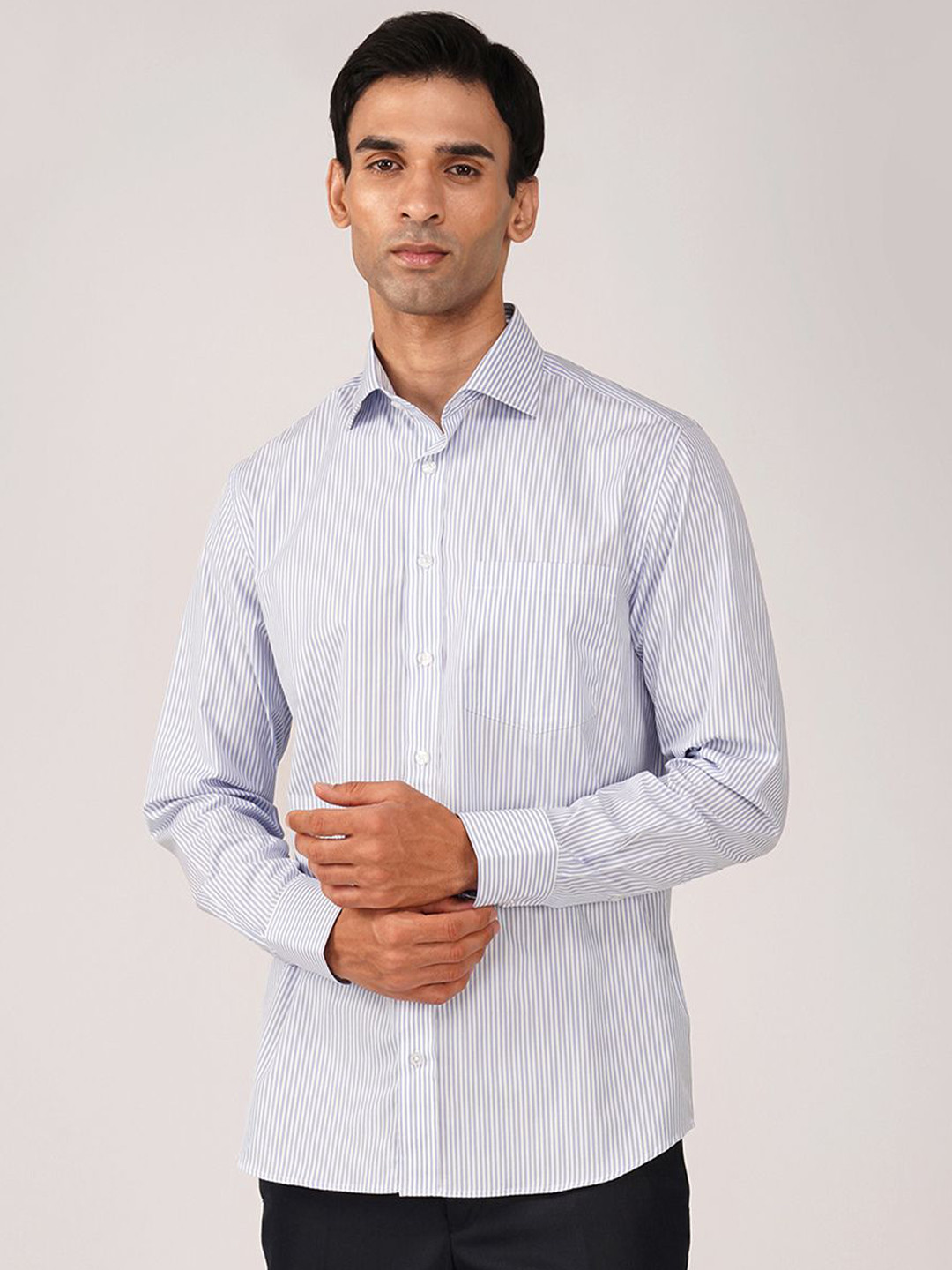 

FASHION FORMAL Men Classic Fit Spread Collar Vertical Striped Cotton Formal Shirt, Blue